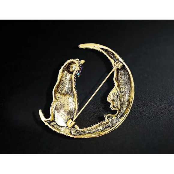 Crystal Cat On The Moon Brooch Blue Crystal Pin‎ Vintage Style NWT - Picture 4 of 6